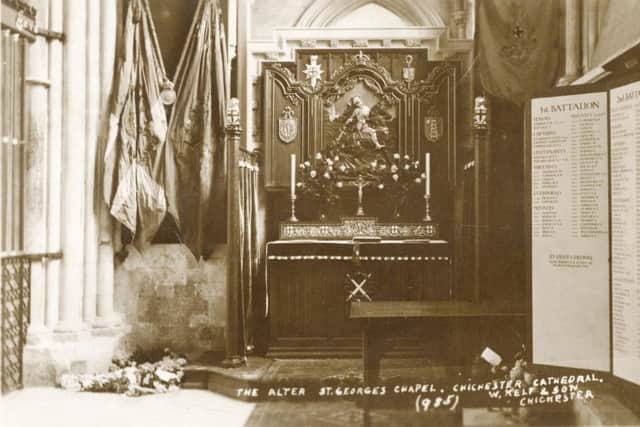 The Royal Sussex Regiment Memorial Chapel in Chichester 

Cathedral, unveiled on 11th November 1921, showing some of the 

panels naming the fallen of the First World War SUS-140412-144403001