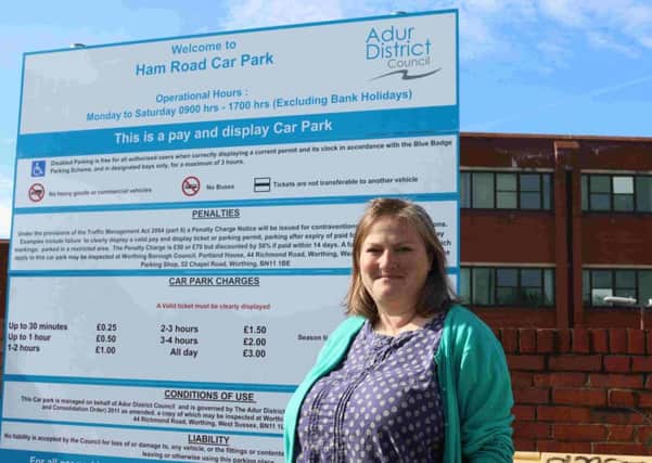 Adur District Councillor Emma Evans, executive member for environment, welcoming drivers to the new Ham Road car park in Shoreham.
