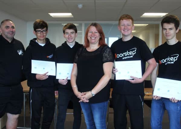 Cllr Dawn Poole and Ken Dullaway StreetGames Co-ordinator with Connor Smith, Andrew Costello, Aiden Kofoed and Toby Lindsay-Smith. Photo courtesy of Hastings Borough Council