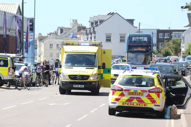 A motorbike collided with a car this afternoon on Brighton Road in Shoreham. Picture: Eddie Mitchell