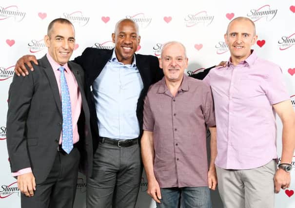 Andrew Turner, from Horsham, Andrew Newson, from Crawley and Simon Lee, from Chichester, at the semi-finals of Slimming Worlds Man of the Year 2016 competition. Pictured with former Coventry, Aston Villa and Leicester City star Dion Dublin - picture courtesy of Slimming World