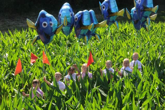 Children from Pound Hill Junior School, Crawley, explore the maze with Dory balloons in tow SUS-160719-160236001
