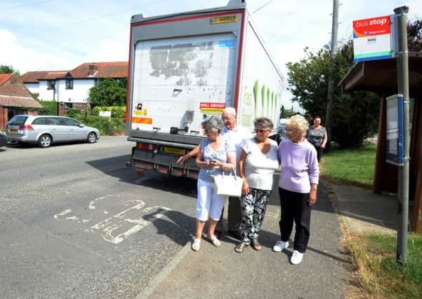 Pagham residents pointing to faded lines marking a bus stop, where a lorry has parked. Picture Kate Shemilt ks16000860-2 SUS-160725-193642008