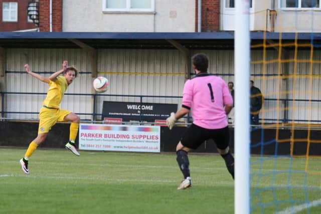 Hat-trick hero Harry Stannard nets his first goal against Eastbourne Town. Picture courtesy Scott White