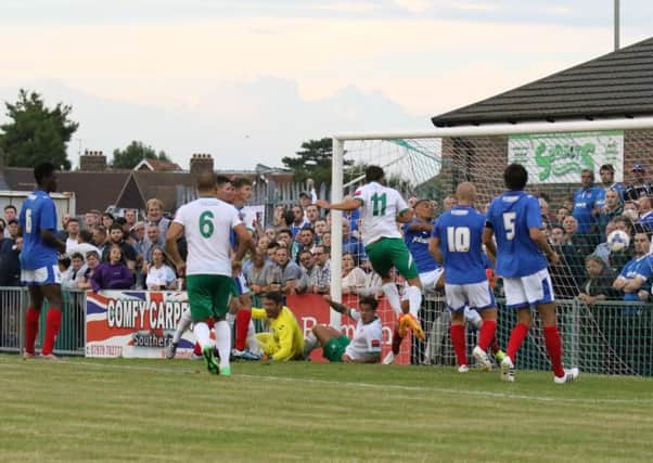 Harvey Whyte pokes in Bognor's goal to make it 2-1 / Picture by Tim Hale