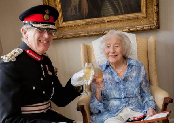 Dame Vera Lynn and the Lord Lieutenant of East Sussed Mr Peter Field SUS-160728-103405001