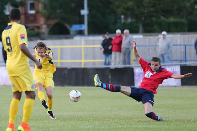 Harry Stannard goes for goal during Hastings United's friendly win away to Eastbourne Town on Tuesday. Picture courtesy Scott White
