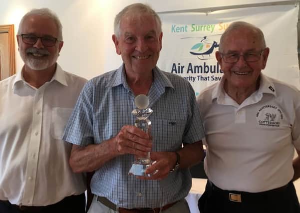 Cottesmore Veterans' Society captain's day event organiser Alan Rengger and club president Paddy Dowzer, are pictured with the overall winner Geoff Mitchell SUS-160725-191957002