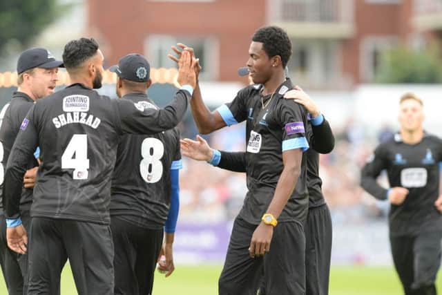 Jofra Archer celebrating his wicket. Sussex v Hampshire, NatWest T20. Picture by Phil Westlake SUS-160717-105915001