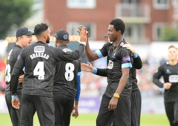 Jofra Archer celebrating his wicket. Sussex v Hampshire, NatWest T20. Picture by Phil Westlake SUS-160717-105915001