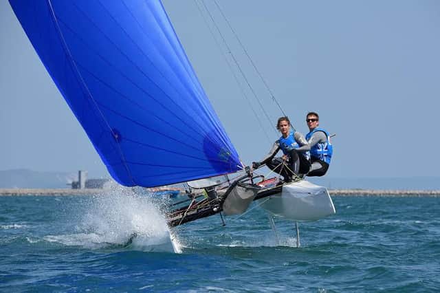 Ben Saxton and Nicola are competing in the Nacra 17 race series