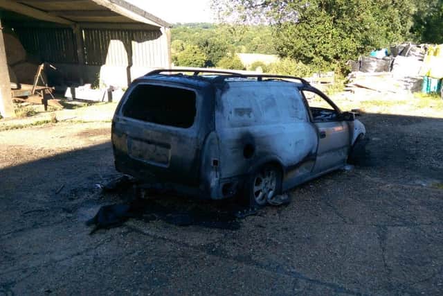 The aftermath of a van fire at an Etchingham farmyard. Picture courtesy of Burwash Fire Station. SUS-160708-152102001