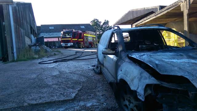 The aftermath of a van fire at an Etchingham farmyard. Picture courtesy of Burwash Fire Station. SUS-160708-152113001