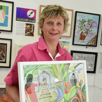 Sue Anderson with her piece titled 'Tunnel Vision'