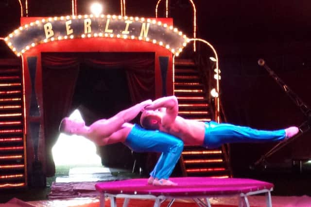 Handstand artists Turo Dominik (left) and Attila Fabian show off their skills ahead of the circus' opening show