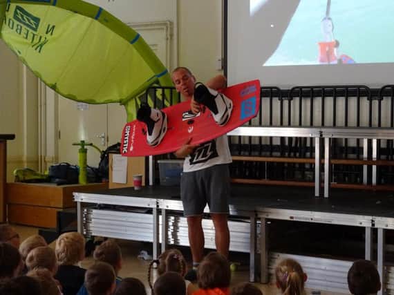 Lyndhurst Infant School's assembly with kite surfer Lewis Crathern