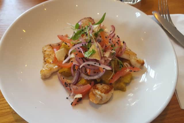 Scallops and Monkfish with Bombay potatoes. The Richard Onslow, Cranleigh.