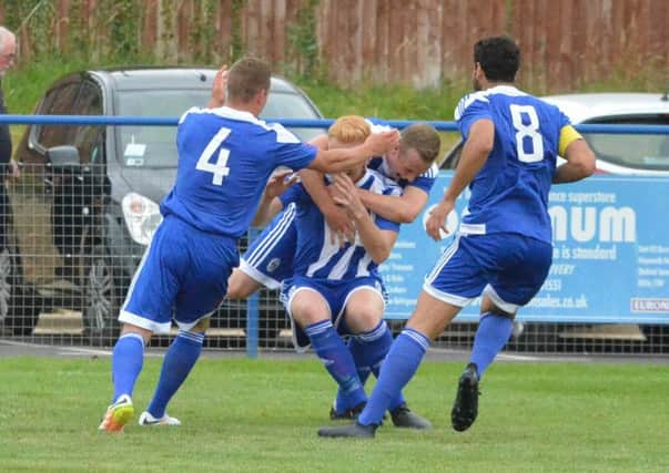 Tom Graves celebrates opening the scoring. Haywards Heath Town 5, Arundel 0. Picture by Grahame Lehkyj