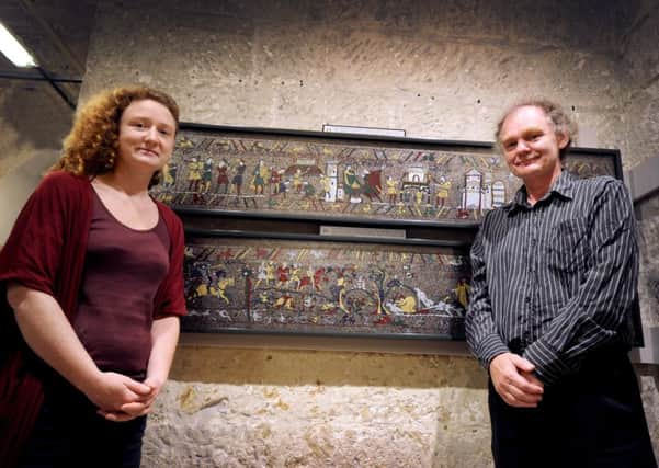 Michael and Rachael Linton with the Medieval Mosaic in the Crypt Gallery of St Mary in the Castle