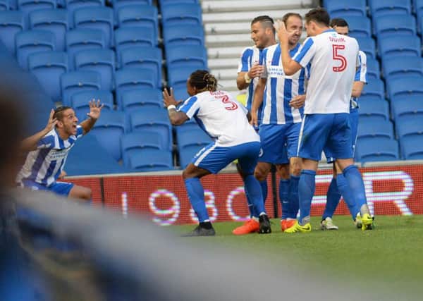 Albion celebrate Anthony Knockaert's opening goal. Picture by Phil Westlake