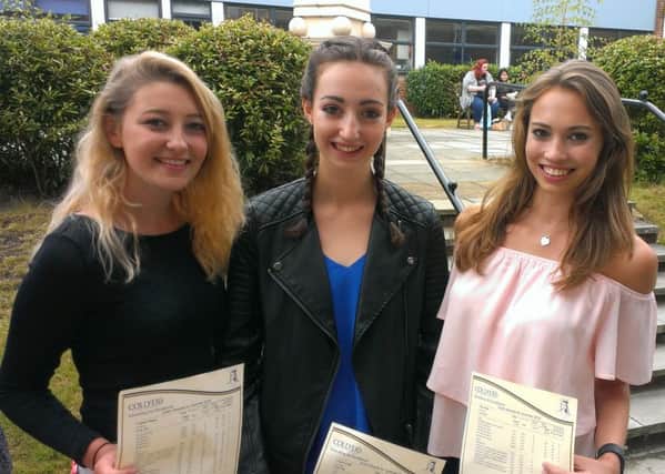 A Level results day at the College of Richard Collyer. Megan, Caragh and Molly