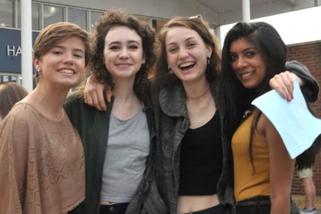 161079-06 havant college A levels
Georgina Pine (19), Ele marchant (19), Ella Davidson (18) and Radhika Parekh (18) celebrate with their results.
Pic Mick Young
18/08/2016 PPP-160818-113839006