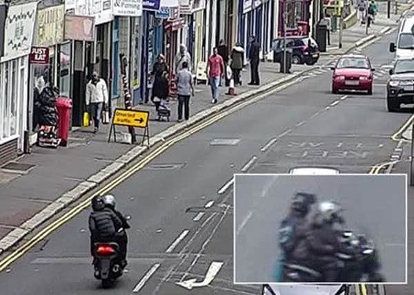 CCTV footage of the two suspects on the moped who allegedly stole the necklace on Chatham Road, St Leonards. Photo by Sussex Police SUS-160824-162104001