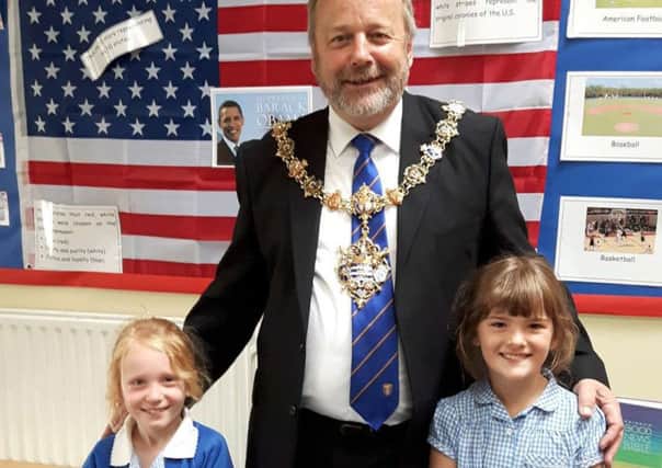 Worthing mayor Sean McDonald with Rosie and Chloe at Ferring CE Primary School