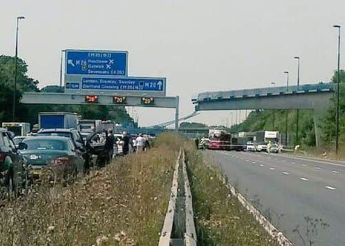 The scene on the M20 between Borough Green and Leybourne in Kent after a lorry hit a foot bridge and it collapsed. Picture: @emmaraphaelx / SWNS.com