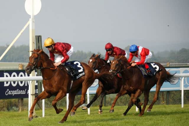 Lightning Spear wins the Celebration Mile / Picture by Clive Bennett