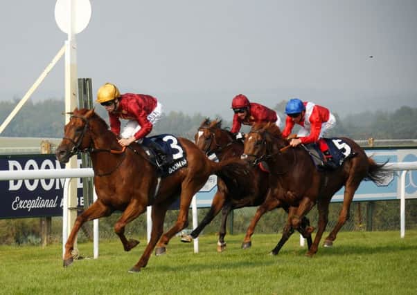 Lightning Spear wins the Celebration Mile / Picture by Clive Bennett