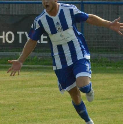 Max Miller celebrates his goal. Haywards Heath Town v Lancing. Picture by Grahame Lehkyj