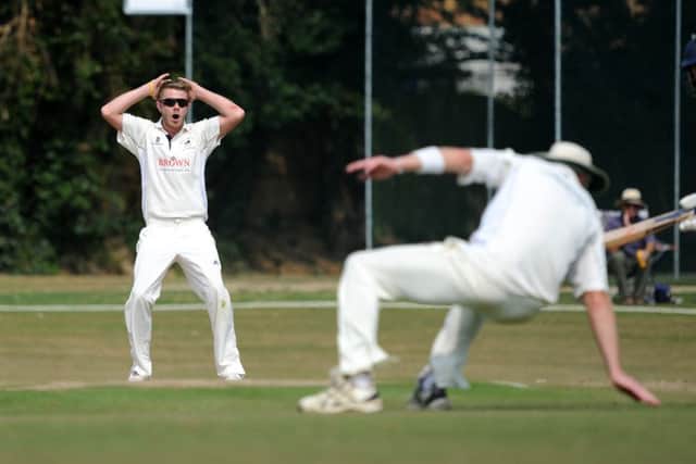 Cricket  Roffey (bowling) v Horsham. Luke Barnard bowling, watches on a catch is missed. Pic Steve Robards  SR1624314 SUS-160829-130228001