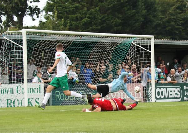 Thomas Byrne glances in the opening goal / Picture by Tim Hale