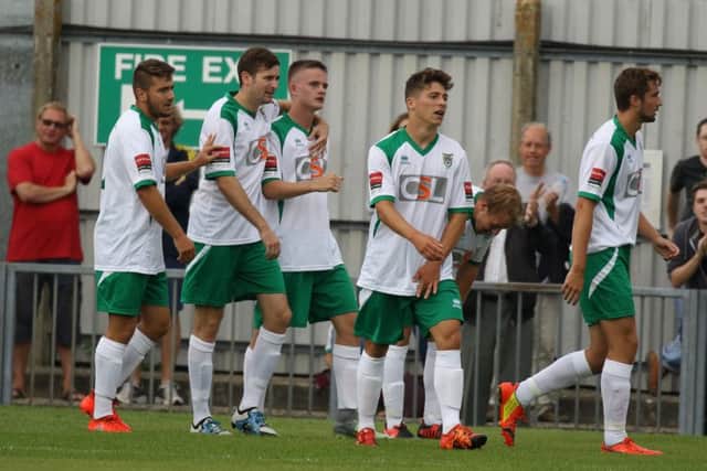 Bognor celebrate Thomas Byrne's opener / Picture by Tim Hale