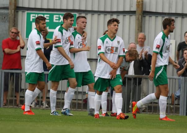 Bognor celebrate Thomas Byrne's opener / Picture by Tim Hale