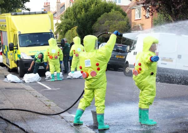 Emergency services were called to a chemical incident at Grove Road in Worthing yesterday, where an 18-year-old man died. Picture: Eddie Mitchell