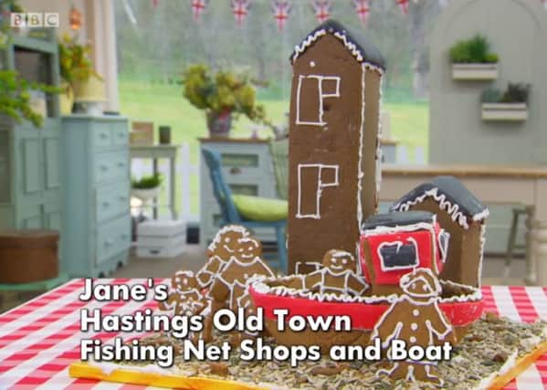 The Great British Bake Off's Jane made a gingerbread Hastings Old Town fishing hut for her showstopper challenge. Photo: BBC SUS-160109-112347001