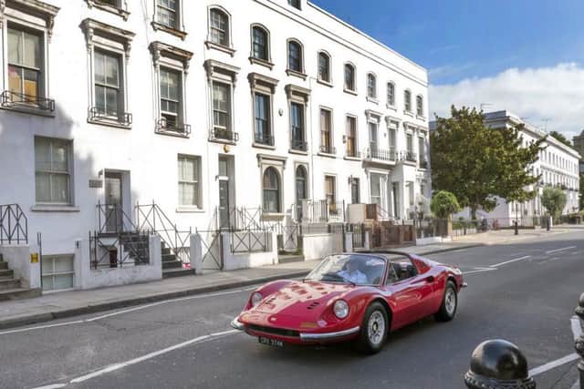 The 1973 Ferrari Dino GTS owned by Led Zepplin manager Peter Grant at the band's former headquarters in Kings Road, Chelsea.