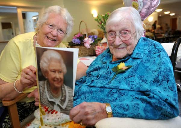 Enid Sayer celebrates her 107th birthday with her daughter Janet Lockyer at Hillside Lodge, Spiro Close, Pulborough. Pic Steve Robards SR1627108 SUS-160917-122105001