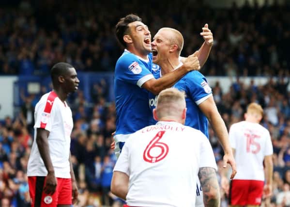 PortsmouthÃ¢Â¬"s Curtis Main celebrates scoring his first goal of the match during the Sky Bet League 2 match between Portsmouth and Crawley Town at Fratton Park, Portsmouth, England on 3 September 2016. Photo by Joe Pepler/Digital South. PPP-160309-152300006