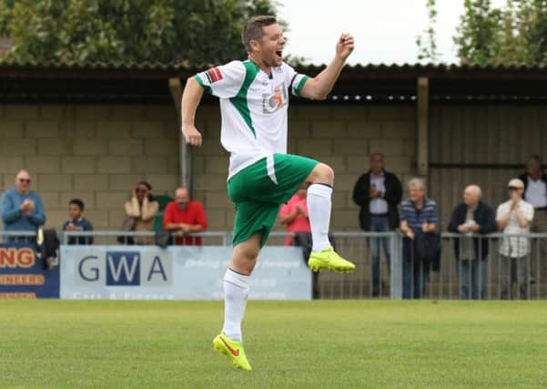 Darren Budd celebrates his first goal since his Rocks return / Picture by Tim Hale