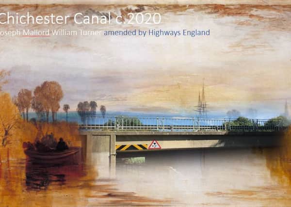 J M Turners famous painting The Chichester Canal has been adapted by Peter Dunne to include the road bridge