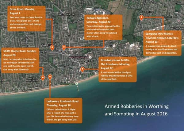 Map of robberies in the Worthing area in the month of August. Picture: Google Maps and Google MyMaps