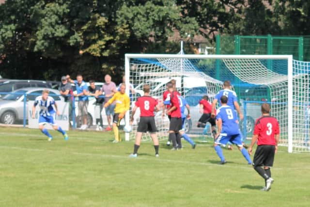 Josh Spinks heads home the only goal again Uckfield. Picture by Colin Bowman