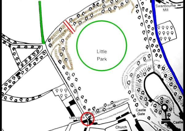 Key features of the area. Blue shows the old Mill Lane which was the main route to Swanbourne Lake and Mill before Mill Road was built in 1895. The Mary Gate - The gate into the town from the London direction. The green circle is the approximate position of the Castle Cricket Ground. The brown shaded areas are the remains of the Saxon defence banks and ditch that were strengthened and enhanced by both sides during the Civil War. The two red lines show the ancient track that cuts through the defences and the area where the old gateway was excavated in 1988. SUS-160709-174848001
