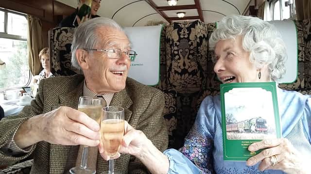 Robert 'Bob' and Sylvia Cook, who live in Battle,celebrated their 70th wedding anniversary on September 14 2016. 
The couple are pictured enjoying a champagne lunch, aboard a train hauled by the Flying Scotsman, earlier in the year. SUS-160915-093326001
