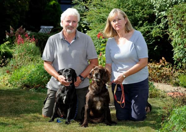 Animal lover Anne King with her husband David, and dogs Percy and Bella.