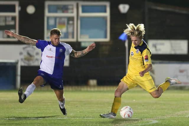 Harry Stannard shapes up for a shot at the Herne Bay goal. Picture courtesy Scott White