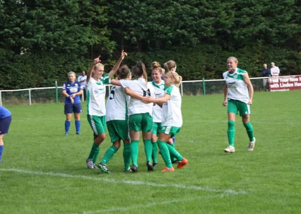 Chi City celebrate Chloe Dowdell's goal at Larkhall / Picture by John Holden